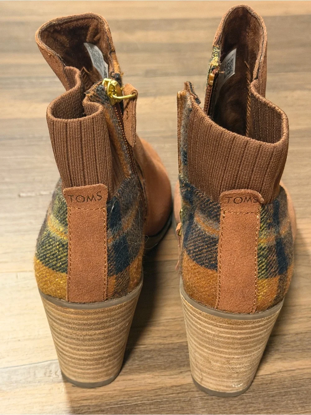 TOMS Cognac Faux Suede Plaid Wedge Ankle Booties Women’s Size 9